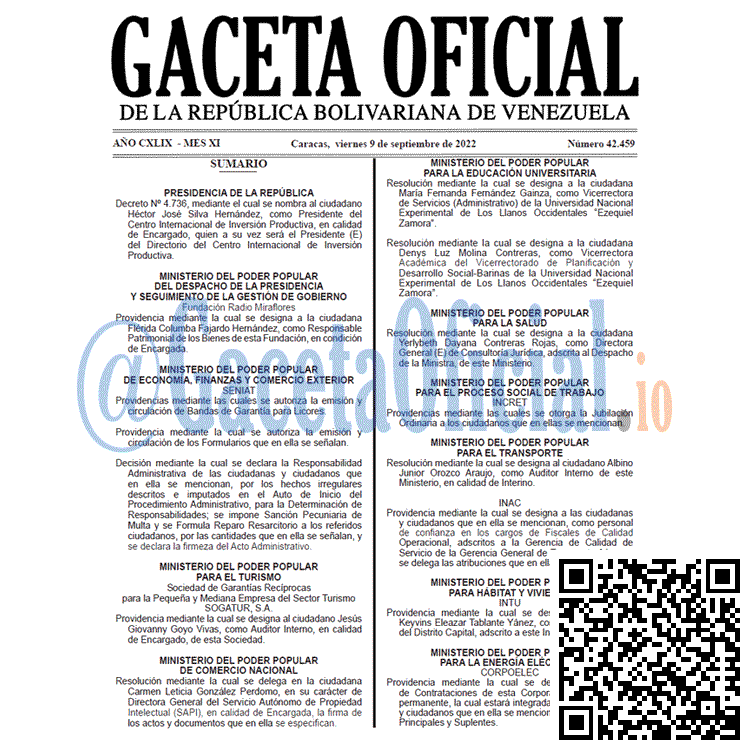 Venezuela Gaceta Oficial 42459 del 9 septiembre 2022