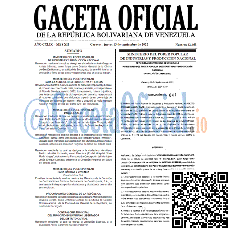 Venezuela Gaceta Oficial 42463 del 15 septiembre 2022