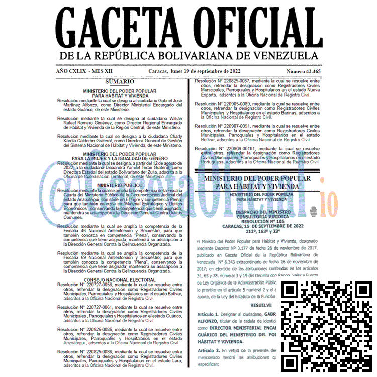Venezuela Gaceta Oficial 42465 del 19 septiembre 2022