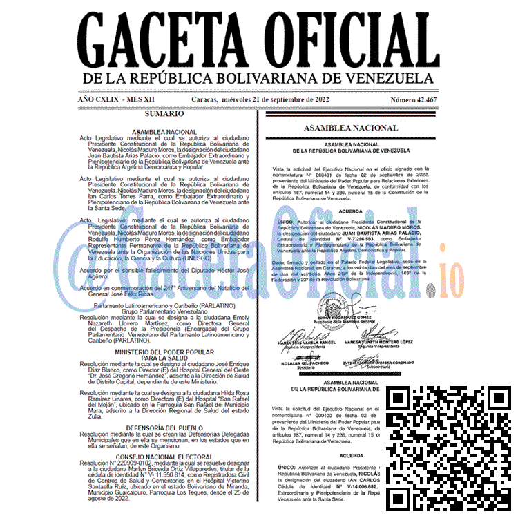 Venezuela Gaceta Oficial 42467 del 21 septiembre 2022