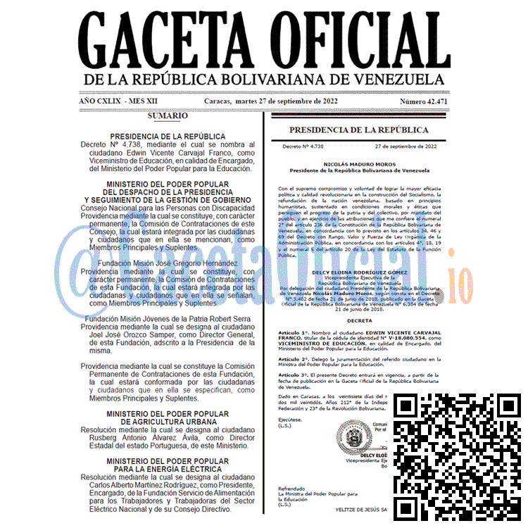 Venezuela Gaceta Oficial 42471 del 27 septiembre 2022