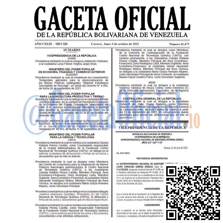Venezuela Gaceta Oficial 42475 del 3 octubre 2022