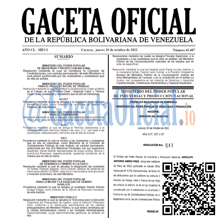 Gaceta Oficial Venezuela #42487 del 20 octubre 2022