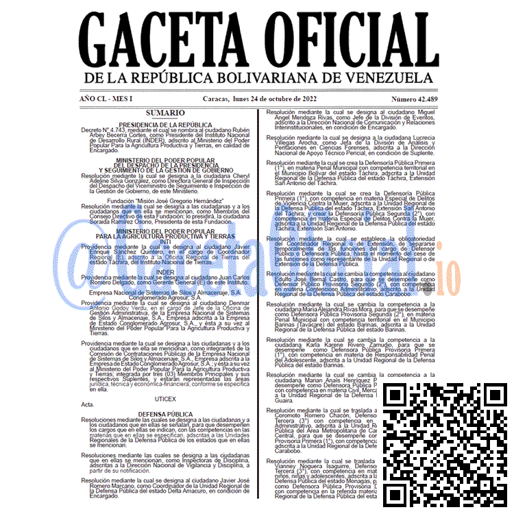 Gaceta Oficial Venezuela #42489 del 24 octubre 2022