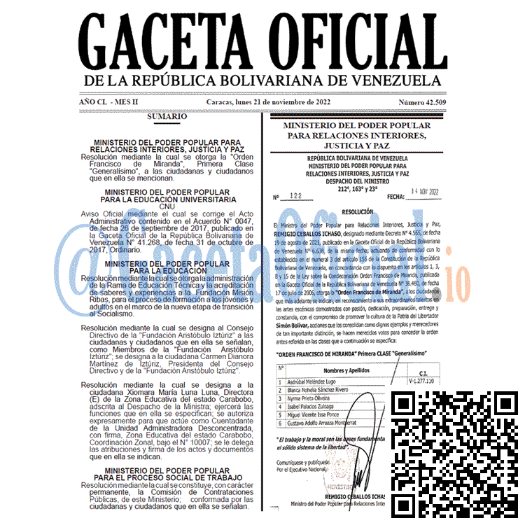 Venezuela Gaceta Oficial 42509 del 21 noviembre 2022 Gaceta Oficial, Gaceta Oficial 42509, Gaceta 42509