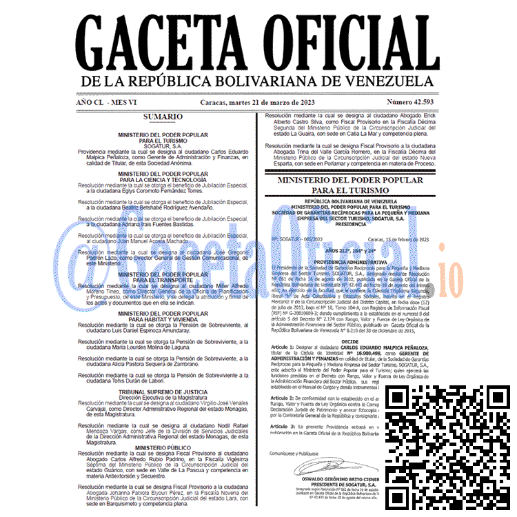 Gaceta Oficial, Gaceta 42593, Gaceta #42593, Gaceta Oficial Venezuela #42593