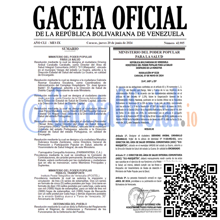 Venezuela Gaceta Oficial 42905 del 20 junio 2024 Gaceta Oficial, Gaceta 42905, Gaceta 42905 HD, Gaceta #42905, Gaceta Oficial Venezuela #42905