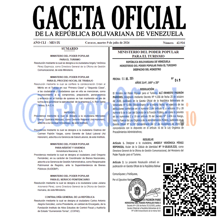 Venezuela Gaceta Oficial 42916 del 9 julio 2024 Gaceta Oficial, Gaceta 42916, Gaceta 42916 HD, Gaceta #42916, Gaceta Oficial Venezuela #42916