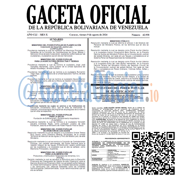 Venezuela Gaceta Oficial 42938 del 9 agosto 2024 Gaceta Oficial, Gaceta 42938, Gaceta 42938 HD, Gaceta #42938, Gaceta Oficial Venezuela #42938