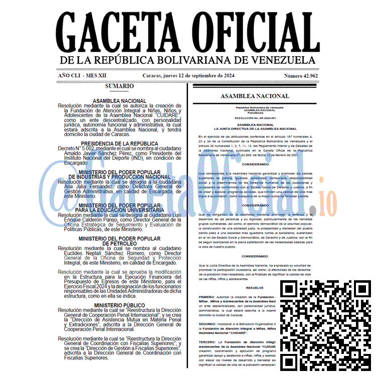 Venezuela Gaceta Oficial 42962 del 12 septiembre 2024 Gaceta Oficial, Gaceta 42962, Gaceta 42962 HD, Gaceta #42962, Gaceta Oficial Venezuela #42962