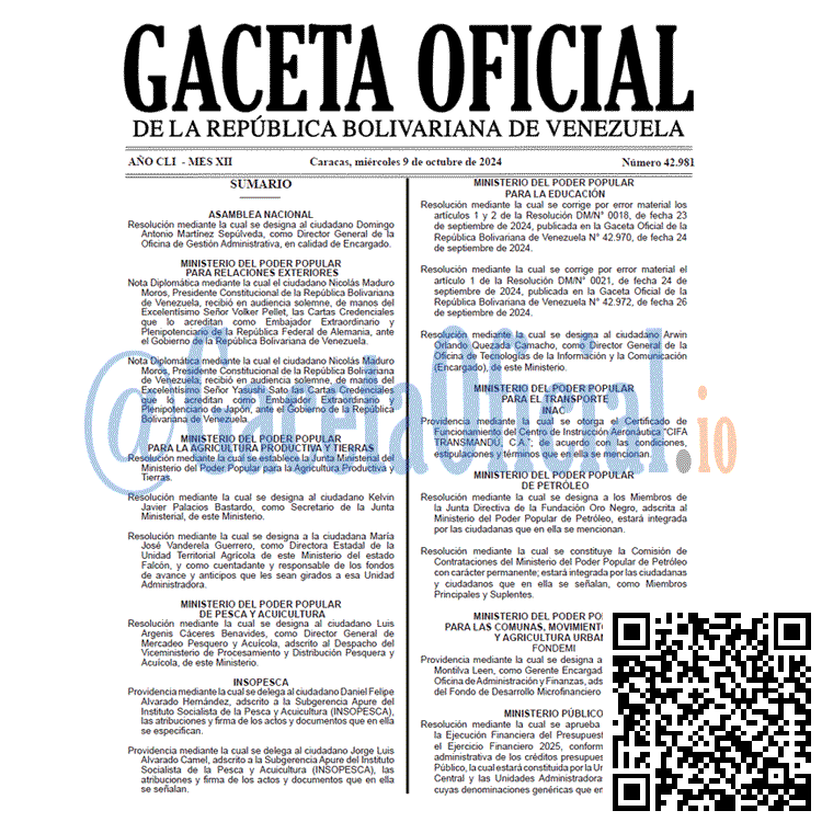 Venezuela Gaceta Oficial 42981 del 9 octubre 2024 Gaceta Oficial, Gaceta 42981, Gaceta 42981 HD, Gaceta #42981, Gaceta Oficial Venezuela #42981