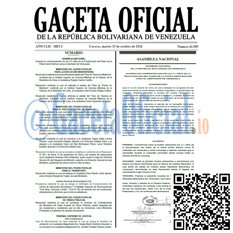Venezuela Gaceta Oficial 42985 del 15 octubre 2024 Gaceta Oficial, Gaceta 42985, Gaceta 42985 HD, Gaceta #42985, Gaceta Oficial Venezuela #42985