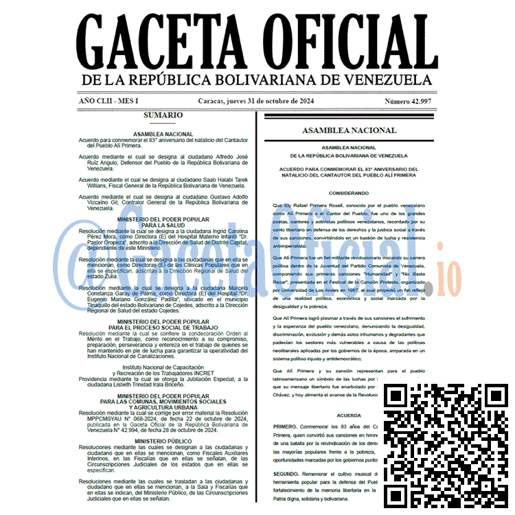 Venezuela Gaceta Oficial 42997 del 31 octubre 2024 Gaceta Oficial, Gaceta 42997, Gaceta 42997 HD, Gaceta #42997, Gaceta Oficial Venezuela #42997