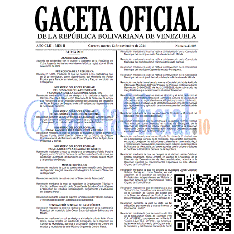 Venezuela Gaceta Oficial 43005 del 12 noviembre 2024 Gaceta Oficial, Gaceta 43005, Gaceta 43005 HD, Gaceta #43005, Gaceta Oficial Venezuela #43005