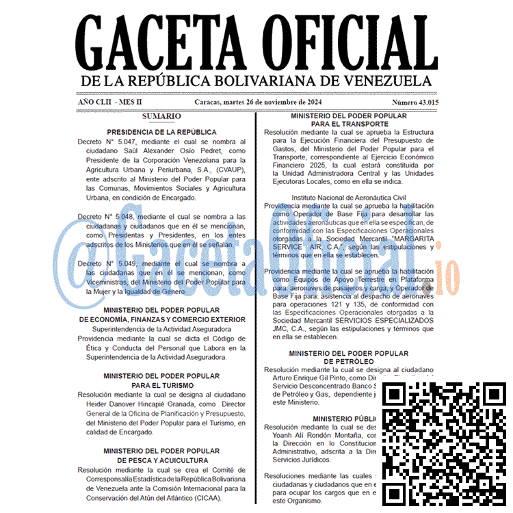 Venezuela Gaceta Oficial 43015 del 26 noviembre 2024 Gaceta Oficial, Gaceta 43015, Gaceta 43015 HD, Gaceta #43015, Gaceta Oficial Venezuela #43015