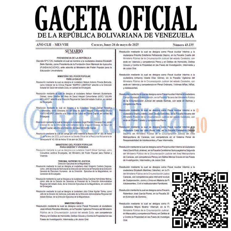 Venezuela Gaceta Oficial 43135 del 26 mayo 2025 Gaceta Oficial, Gaceta 43135, Gaceta 43135 HD, Gaceta #43135, Gaceta Oficial Venezuela #43135