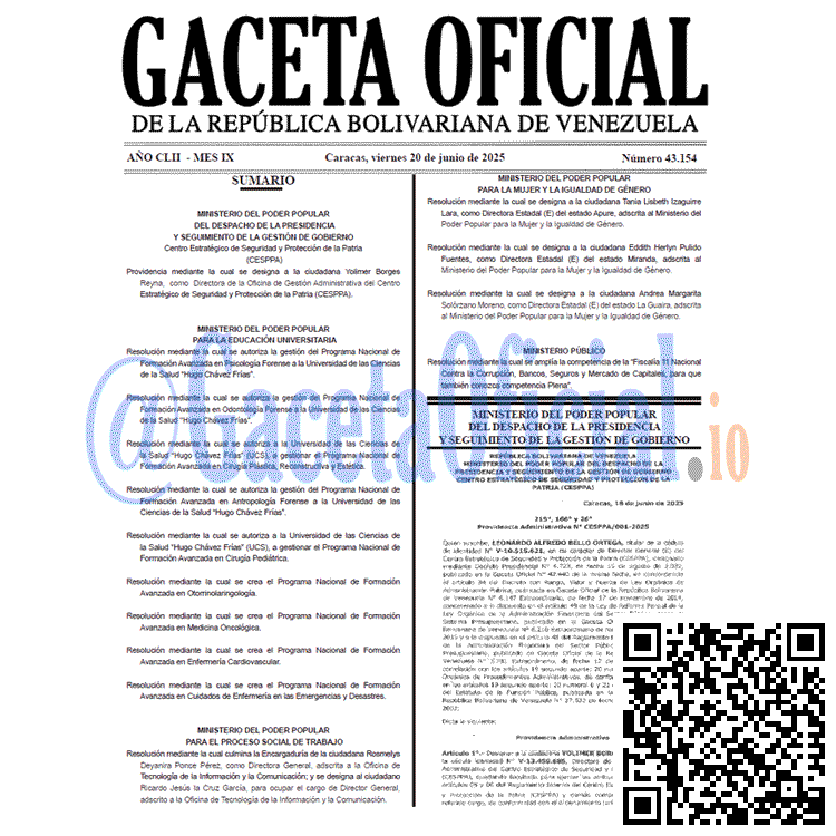 Gaceta Oficial, Gaceta 43154, Gaceta 43154 HD, Gaceta #43154, Gaceta Oficial Venezuela #43154
