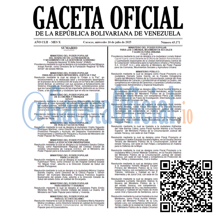 Venezuela Gaceta Oficial 43171 del 16 julio 2025 Gaceta Oficial, Gaceta 43171, Gaceta 43171 HD, Gaceta #43171, Gaceta Oficial Venezuela #43171
