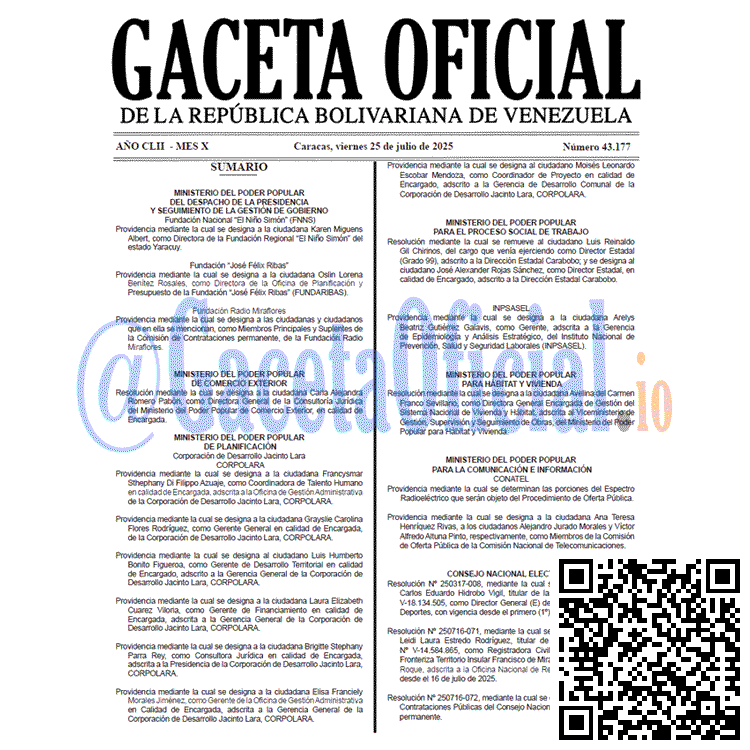 Venezuela Gaceta Oficial 43177 del 25 julio 2025 Gaceta Oficial, Gaceta 43177, Gaceta 43177 HD, Gaceta #43177, Gaceta Oficial Venezuela #43177