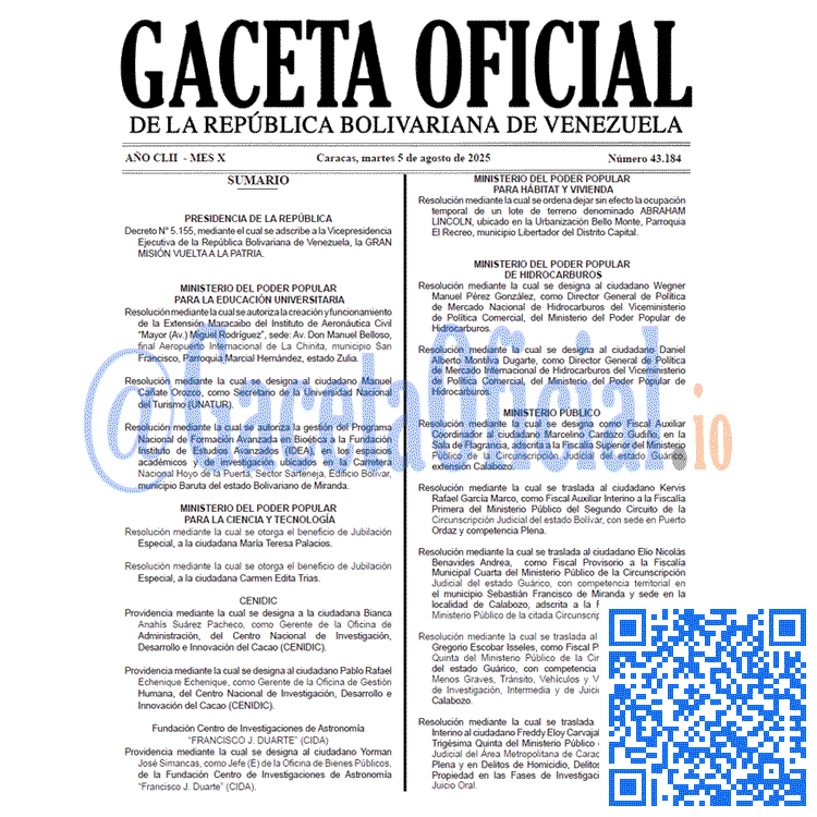 Venezuela Gaceta Oficial 43184 del 5 agosto 2025 Gaceta Oficial, Gaceta 43184, Gaceta 43184 HD, Gaceta #43184, Gaceta Oficial Venezuela #43184