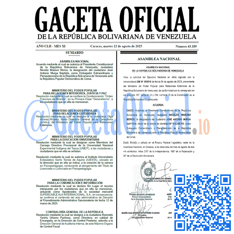 Venezuela Gaceta Oficial 43189 del 12 agosto 2025 Gaceta Oficial, Gaceta 43189, Gaceta 43189 HD, Gaceta #43189, Gaceta Oficial Venezuela #43189
