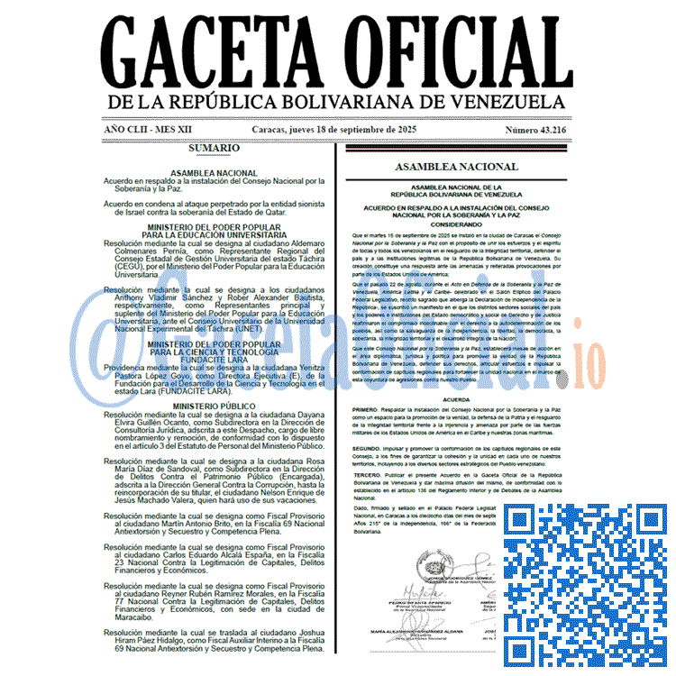 Venezuela Gaceta Oficial 43216 del 18 septiembre 2025 Gaceta Oficial, Gaceta 43216, Gaceta 43216 HD, Gaceta #43216, Gaceta Oficial Venezuela #43216