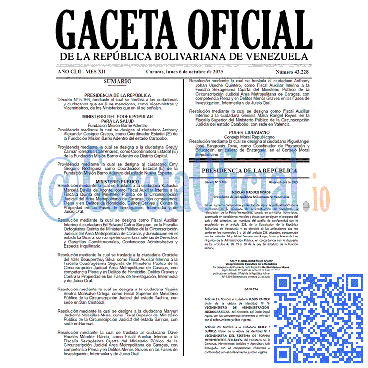 Venezuela Gaceta Oficial 43228 del 6 octubre 2025 Gaceta Oficial, Gaceta 43228, Gaceta 43228 HD, Gaceta #43228, Gaceta Oficial Venezuela #43228