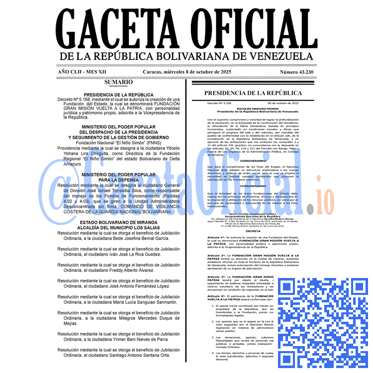 Venezuela Gaceta Oficial 43230 del 8 octubre 2025 Gaceta Oficial, Gaceta 43230, Gaceta 43230 HD, Gaceta #43230, Gaceta Oficial Venezuela #43230