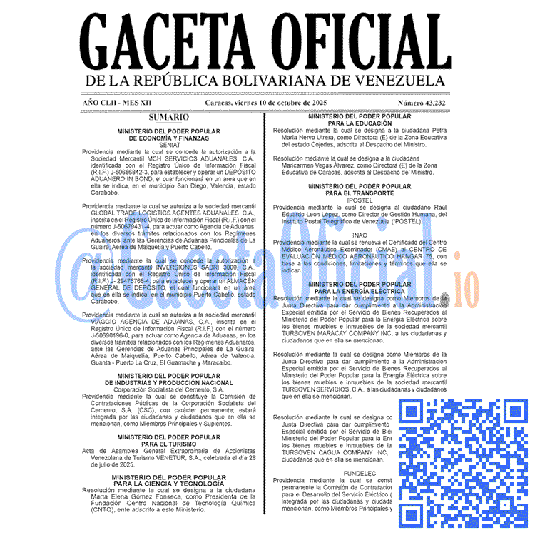 Venezuela Gaceta Oficial 43232 del 10 octubre 2025 Gaceta Oficial, Gaceta 43232, Gaceta 43232 HD, Gaceta #43232, Gaceta Oficial Venezuela #43232