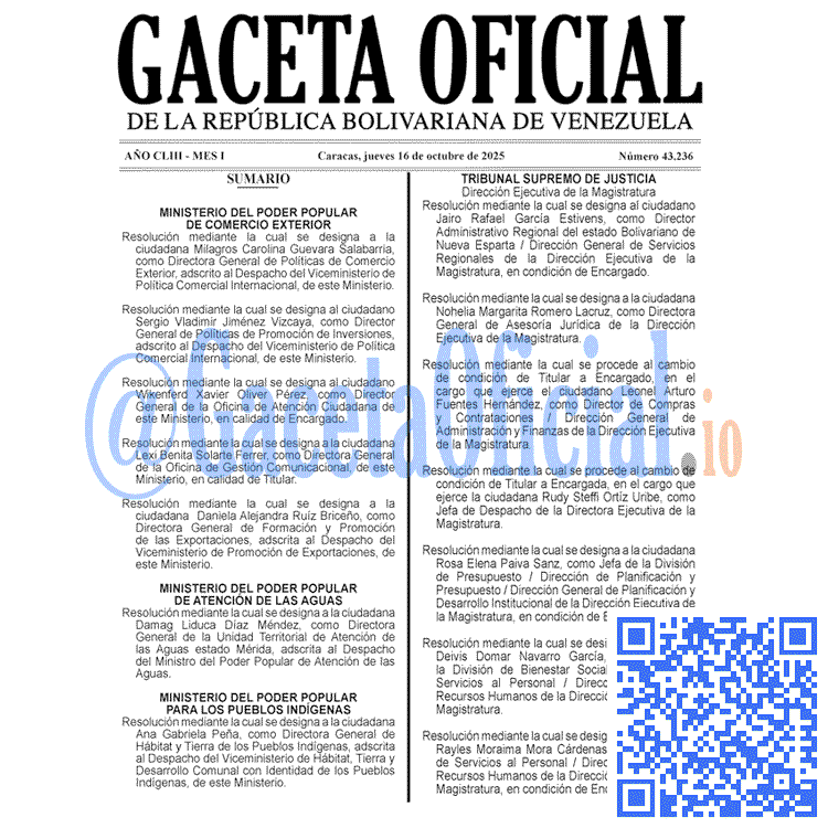 Venezuela Gaceta Oficial 43236 del 16 octubre 2025 Gaceta Oficial, Gaceta 43236, Gaceta 43236 HD, Gaceta #43236, Gaceta Oficial Venezuela #43236