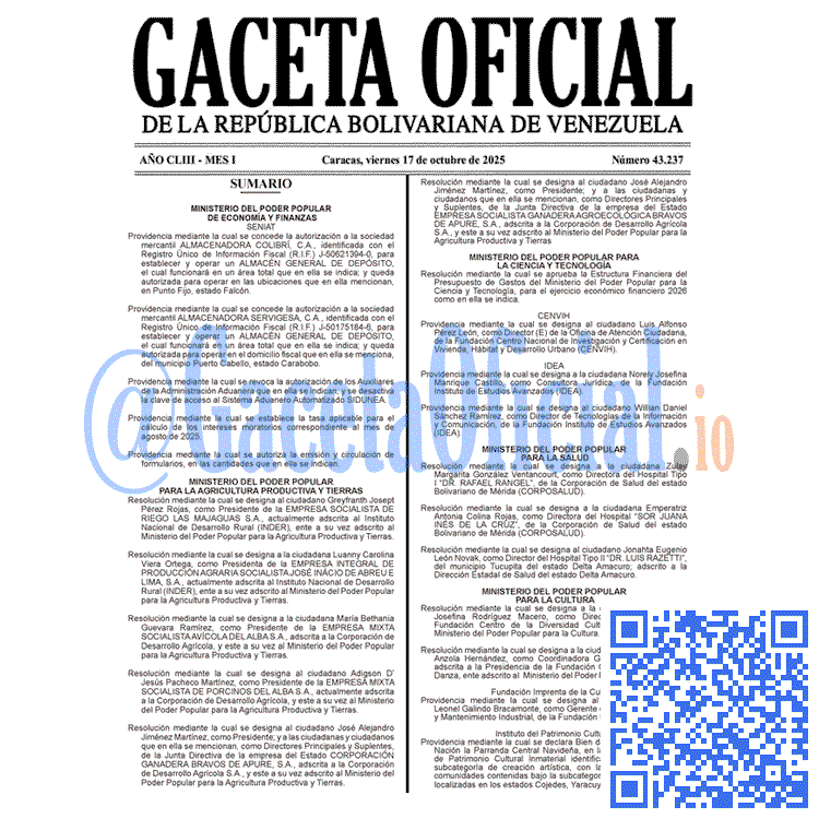 Venezuela Gaceta Oficial 43237 del 17 octubre 2025 Gaceta Oficial, Gaceta 43237, Gaceta 43237 HD, Gaceta #43237, Gaceta Oficial Venezuela #43237