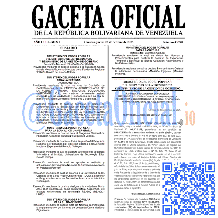 Venezuela Gaceta Oficial 43240 del 23 octubre 2025 Gaceta Oficial, Gaceta 43240, Gaceta 43240 HD, Gaceta #43240, Gaceta Oficial Venezuela #43240