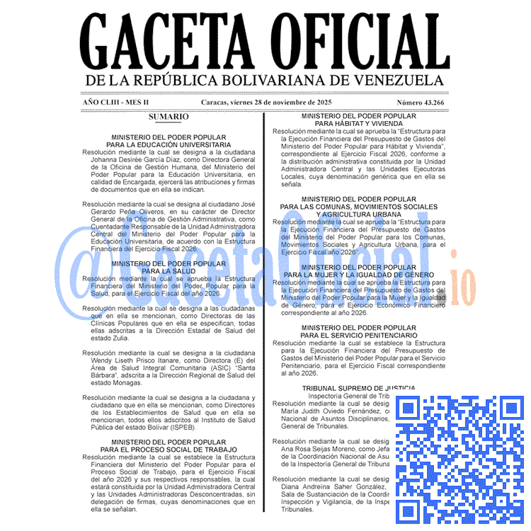 Venezuela Gaceta Oficial 43266 del 28 noviembre 2025 Gaceta Oficial, Gaceta 43266, Gaceta 43266 HD, Gaceta #43266, Gaceta Oficial Venezuela #43266