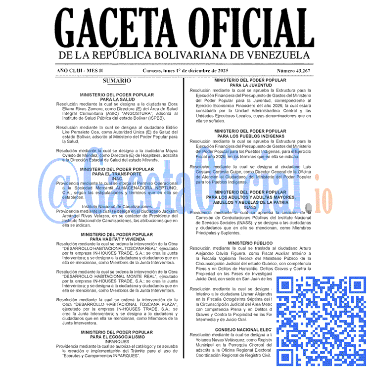 Venezuela Gaceta Oficial 43267 del 1 diciembre 2025 Gaceta Oficial, Gaceta 43267, Gaceta 43267 HD, Gaceta #43267, Gaceta Oficial Venezuela #43267