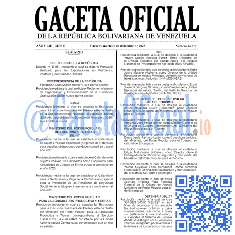 Venezuela Gaceta Oficial 43273 del 9 diciembre 2025 Gaceta Oficial, Gaceta 43273, Gaceta 43273 HD, Gaceta #43273, Gaceta Oficial Venezuela #43273