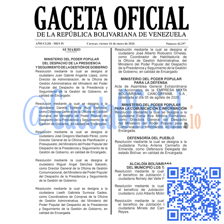 Venezuela Gaceta Oficial 43297 del 16 enero 2026 Gaceta Oficial, Gaceta 43297, Gaceta 43297 HD, Gaceta #43297, Gaceta Oficial Venezuela #43297