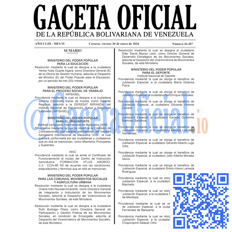Venezuela Gaceta Oficial 43307 del 30 enero 2026 Gaceta Oficial, Gaceta 43307, Gaceta 43307 HD, Gaceta #43307, Gaceta Oficial Venezuela #43307