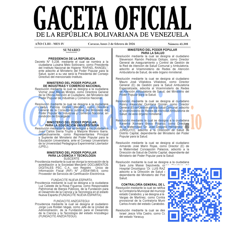 Venezuela Gaceta Oficial 43308 del 2 febrero 2026 Gaceta Oficial, Gaceta 43308, Gaceta 43308 HD, Gaceta #43308, Gaceta Oficial Venezuela #43308