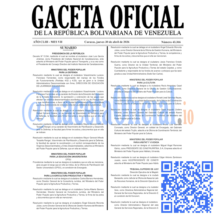 Gaceta Oficial, Gaceta 43366, Gaceta 43366 HD, Gaceta #43366, Gaceta Oficial Venezuela #43366
