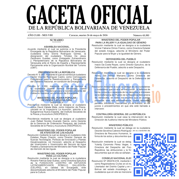 Venezuela Gaceta Oficial 43383 del 26 mayo 2026 Gaceta Oficial, Gaceta 43383, Gaceta 43383 HD, Gaceta #43383, Gaceta Oficial Venezuela #43383