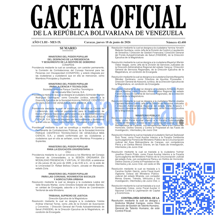 Venezuela Gaceta Oficial 43400 del 18 junio 2026 Gaceta Oficial, Gaceta 43400, Gaceta 43400 HD, Gaceta #43400, Gaceta Oficial Venezuela #43400