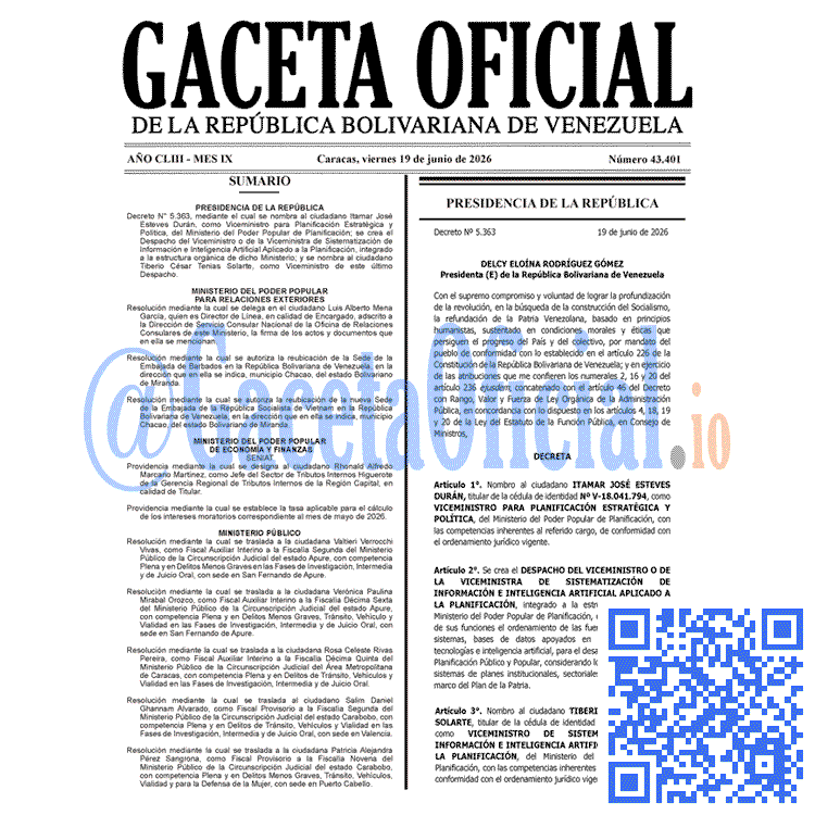 Venezuela Gaceta Oficial 43401 del 19 junio 2026 Gaceta Oficial, Gaceta 43401, Gaceta 43401 HD, Gaceta #43401, Gaceta Oficial Venezuela #43401