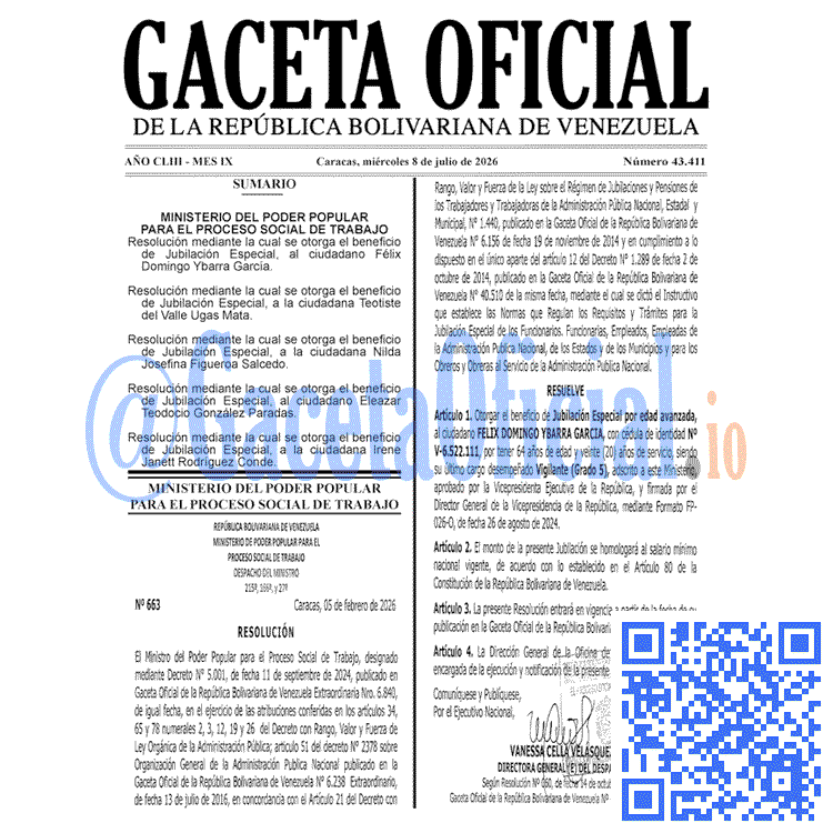Venezuela Gaceta Oficial #43411 del 8 julio 2026 Gaceta Oficial, Gaceta 43411, Gaceta 43411 HD, Gaceta #43411, Gaceta Oficial Venezuela #43411