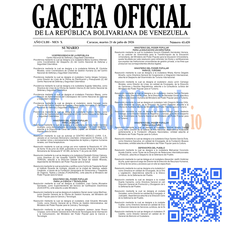 Venezuela Gaceta Oficial 43420 del 21 julio 2026 Gaceta Oficial, Gaceta 43420, Gaceta 43420 HD, Gaceta #43420, Gaceta Oficial Venezuela #43420