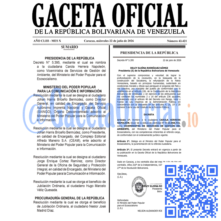 Venezuela Gaceta Oficial 43421 del 22 julio 2026 Gaceta Oficial, Gaceta 43421, Gaceta 43421 HD, Gaceta #43421, Gaceta Oficial Venezuela #43421