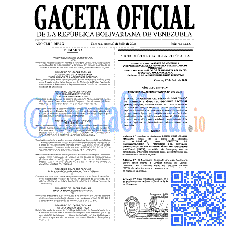 Venezuela Gaceta Oficial 43423 del 27 julio 2026 Gaceta Oficial, Gaceta 43423, Gaceta 43423 HD, Gaceta #43423, Gaceta Oficial Venezuela #43423