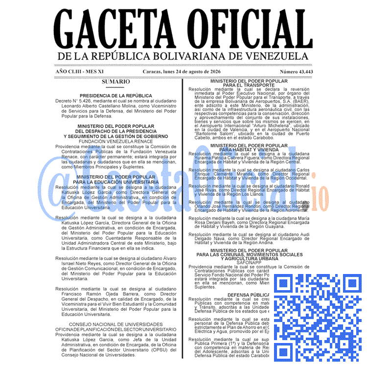 Venezuela Gaceta Oficial 43443 del 24 agosto 2026 Gaceta Oficial, Gaceta 43443, Gaceta 43443 HD, Gaceta #43443, Gaceta Oficial Venezuela #43443