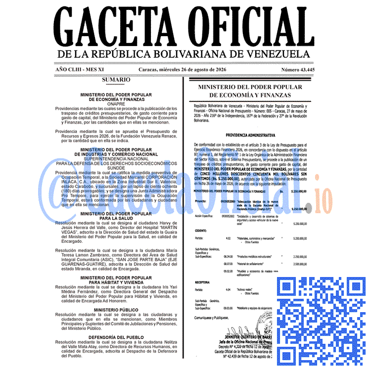 Venezuela Gaceta Oficial 43445 del 26 agosto 2026 Gaceta Oficial, Gaceta 43445, Gaceta 43445 HD, Gaceta #43445, Gaceta Oficial Venezuela #43445