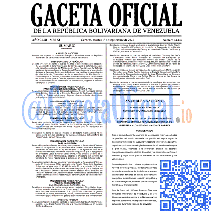 Venezuela Gaceta Oficial 43449 del 1 septiembre 2026 Gaceta Oficial, Gaceta 43449, Gaceta 43449 HD, Gaceta #43449, Gaceta Oficial Venezuela #43449