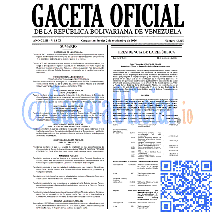 Venezuela Gaceta Oficial 43450 del 2 septiembre 2026 Gaceta Oficial, Gaceta 43450, Gaceta 43450 HD, Gaceta #43450, Gaceta Oficial Venezuela #43450